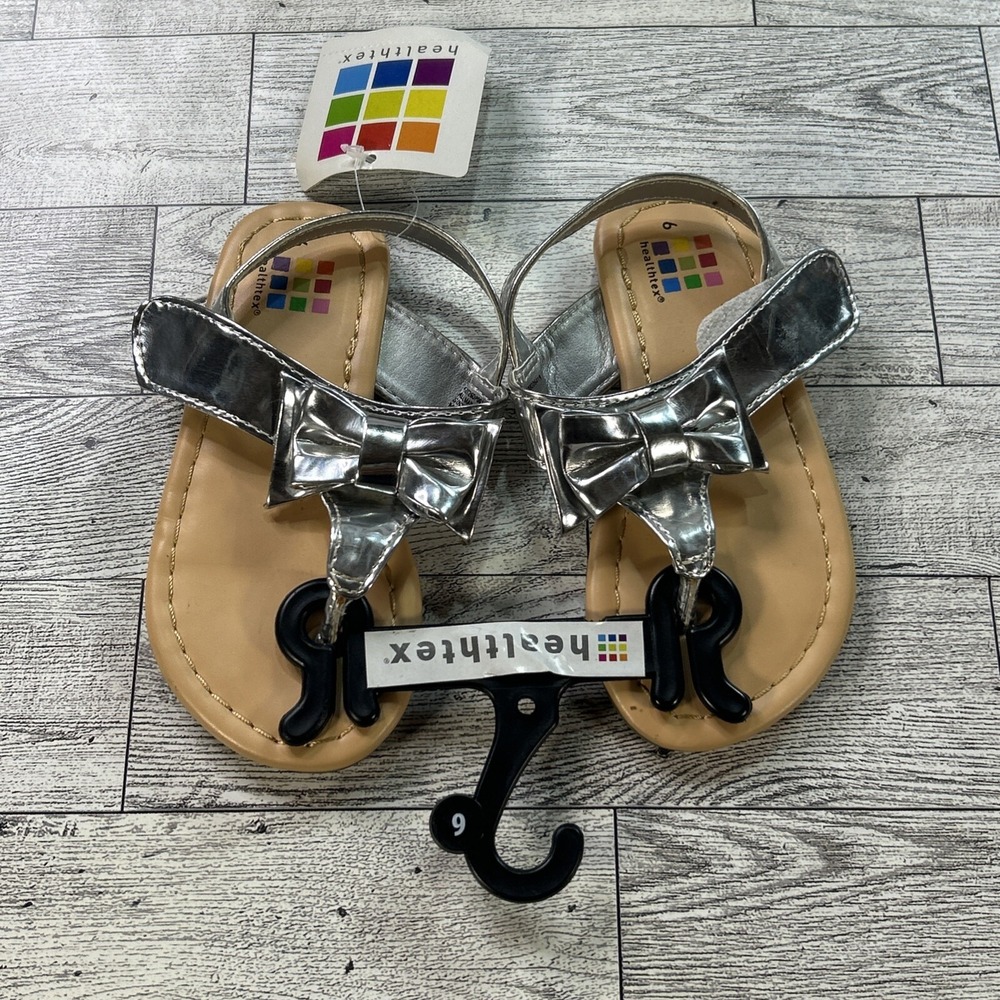 Healthtex Toddler Girls Size‎ 6 Silver Metallic Bow Sandals Dress Shoes New